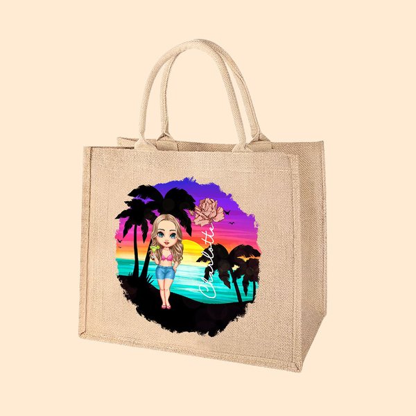 Personifierad söt tecknad födelseblomma bukett jute tote väska med namn bröllop brud fest present för kvinnor