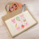 Personalized Coquette Bow Pencil Apple Globe Large Jute Tote Bag with Name and Canvas Pocket Back to School Appreciation Gift for Teacher