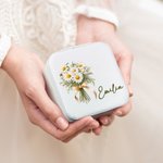 Personalized Birth Flower Bouquet Portable Leather Jewelry Case with Name Travel Essentials Birthday Wedding Bachelorette Party Gift for Her