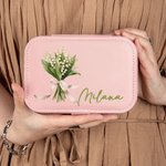 Personalized Birth Flower Bouquet Portable Leather Jewelry Case with Name Travel Essentials Birthday Wedding Bachelorette Party Gift for Her