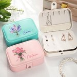 Personalized Birth Flower Bouquet Portable Leather Jewelry Case with Name Travel Essentials Birthday Wedding Bachelorette Party Gift for Her