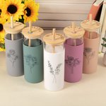 Personalized Birth Flower 17oz Glass Tumbler with Silicone Sleeve and Bamboo Lid Birthday Gift for Her