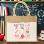 Personalized Coquette Bow Pencil Apple Globe Large Jute Tote Bag with Name and Canvas Pocket Back to School Appreciation Gift for Teacher