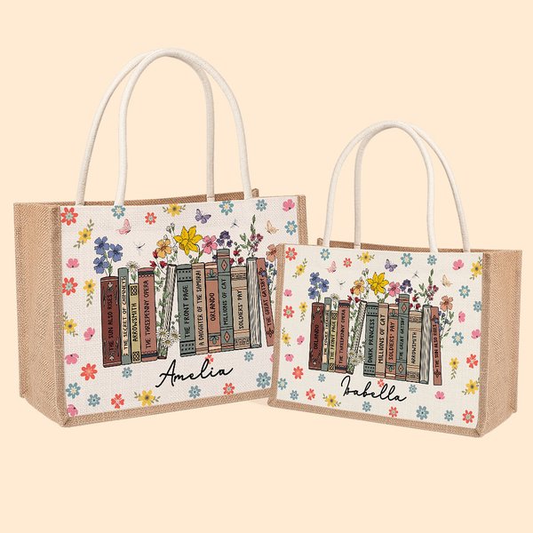Libro Floral de Primavera Personalizado Gran Capacidad Bolsa de Yute y Lienzo con Nombre Regalo de Vuelta al Cole para Profesores Amantes de la Lectur