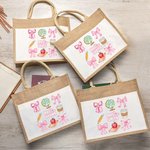 Personalized Coquette Bow Pencil Apple Globe Large Jute Tote Bag with Name and Canvas Pocket Back to School Appreciation Gift for Teacher