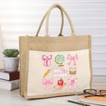 Personalized Coquette Bow Pencil Apple Globe Large Jute Tote Bag with Name and Canvas Pocket Back to School Appreciation Gift for Teacher