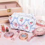 Personalized Embroidered Bow Floral Makeup Bag with Name Travel Essentials Anniversary Birthday Gift for Her