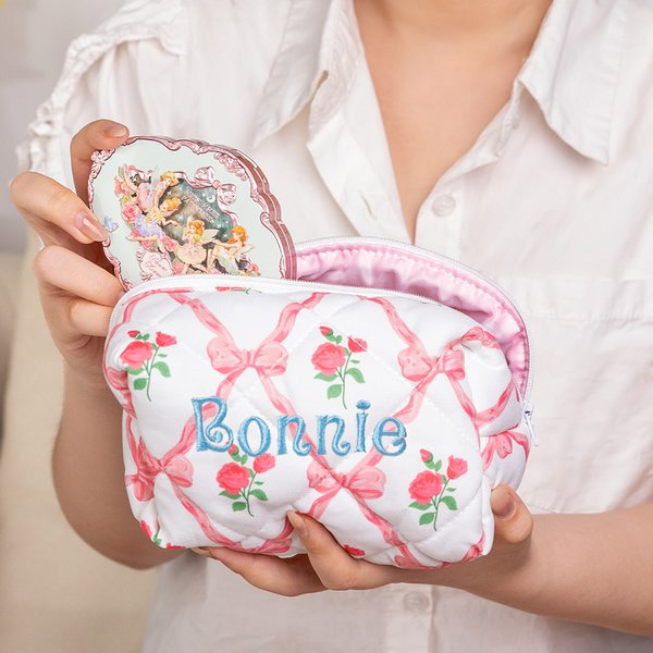 Personalized Embroidered Bow Floral Makeup Bag with Name Travel Essentials Anniversary Birthday Gift for Her