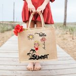Sac en Toile de Jute Personnalisé avec Nom et Dessin du Personnage Thème Hello Summer Cadeau Mariage Fête Vacances pour Femme