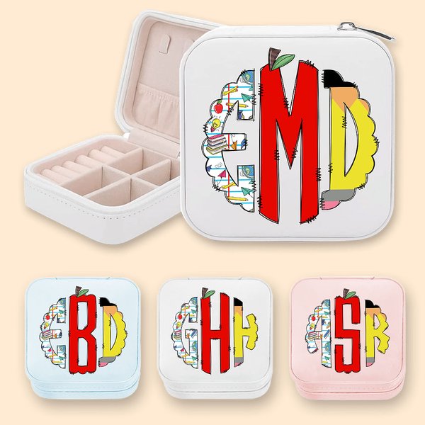 Personalized Doodle Monogram Leather Jewellery Case Portable Travel Essentials Teacher's Day Appreciation Gift for Teacher