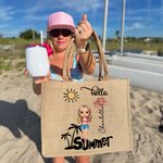 Sac en Toile de Jute Personnalisé avec Nom et Dessin du Personnage Thème Hello Summer Cadeau Mariage Fête Vacances pour Femme