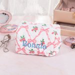 Personalized Embroidered Bow Floral Makeup Bag with Name Travel Essentials Anniversary Birthday Gift for Her
