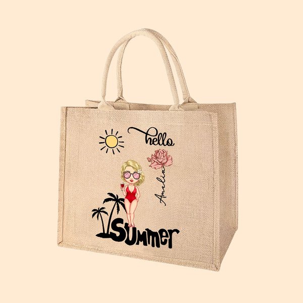 Sac en Toile de Jute Personnalisé avec Nom et Dessin du Personnage Thème Hello Summer Cadeau Mariage Fête Vacances pour Femme
