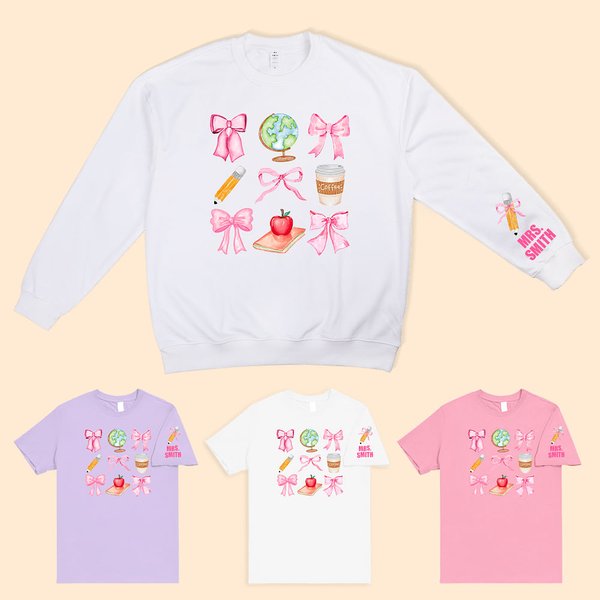 T-shirt Sweatshirt Multicolore Personnalisé avec Nom Motif Noeud de Papillon Crayon Pomme Cadeau Remerciement Rentrée Scolaire pour Enseignant