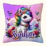 Housse de Coussin Personnalisée avec Nom et Bébé Licorne Style Arc-en-Ciel Papillons Fleurs Cadeau Anniversaire pour Enfant Amoureux de Licorne