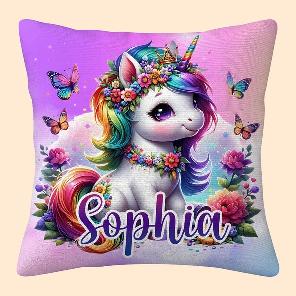 Funda de almohada personalizada con nombre, mariposa arco iris, fantasía floral, unicornio, cumpleaños, día del niño, para los amantes del unicornio.