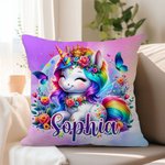 Housse de Coussin Personnalisée avec Nom et Bébé Licorne Style Arc-en-Ciel Papillons Fleurs Cadeau Anniversaire pour Enfant Amoureux de Licorne