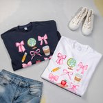 Personalised Coquette Bow Pencil Apple Globe T-shirt Sweatshirt with Name Multicolour Available Back to School Appreciation Gift for Teacher