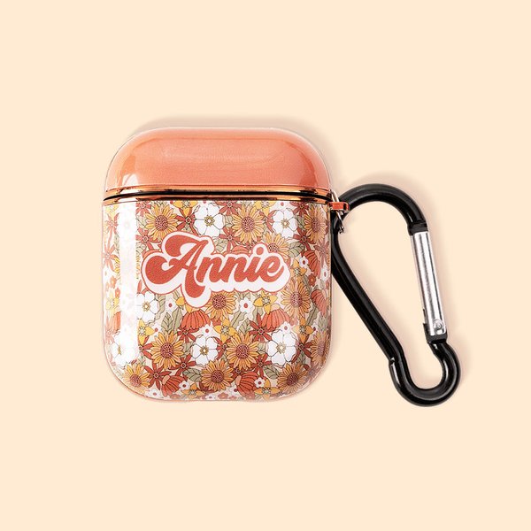 Gepersonaliseerd Boho Groovy Bloemen Esthetisch Naam AirPods hoesje met sleutelhanger Verjaardagscadeau voor meisjes