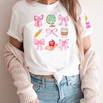 Personalised Coquette Bow Pencil Apple Globe T-shirt Sweatshirt with Name Multicolour Available Back to School Appreciation Gift for Teacher