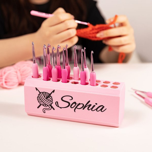 Personalised Multicolour 3D Printed 17 Hole Crochet Hook Storage Box Pull-out Display Stand with Name Mother's Day Birthday Gift for Knitting Lovers