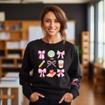 Personalised Coquette Bow Pencil Apple Globe T-shirt Sweatshirt with Name Multicolour Available Back to School Appreciation Gift for Teacher