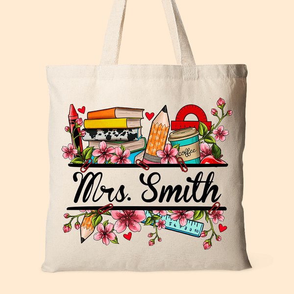Personalised Books Ruler Pencil Flower Reusable Canvas Tote Bag with Name Back to School Appreciation Gift for Teacher