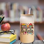 Personalised School Supplies Elements Name Frosted Glass Tumbler with Bamboo Lid and Straw Appreciation Teacher's Day Gift for Teacher