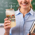Personalised School Supplies Elements Name Frosted Glass Tumbler with Bamboo Lid and Straw Appreciation Teacher's Day Gift for Teacher
