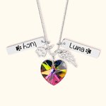 Collier Cœur Cristal Personnalisé avec Noms sur 1-3 Plaques à Pendentifs Aile et Patte Cadeau Souvenir pour Amoureux d'Animal de Compagnie
