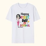 Personalized Happy First Day of School Colourful Letter Cartoon 100% Cotton Unisex T-shirt with Name Back to School Appreciation Gift for Teacher