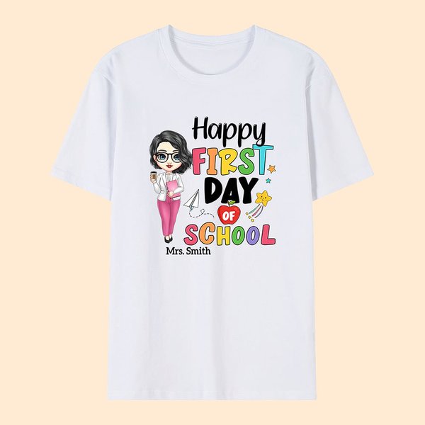 Personalised Happy First Day of School Colourful Letter Cartoon 100% Cotton Unisex T-shirt with Name Back to School Appreciation Gift for Teacher