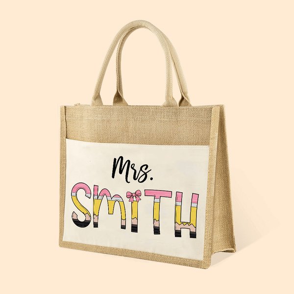 Personalisierte niedliche Bleistift-inspirierten Buchstaben große Kapazität Jute Tasche mit Namen und Canvas Tote Bag zurück zu Schule Anerkennung
