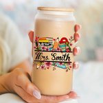 Personalised School Supplies Elements Name Frosted Glass Tumbler with Bamboo Lid and Straw Appreciation Teacher's Day Gift for Teacher