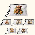 Personalised Sunflower Highland Cow Linen Wristlet Makeup Bag with Name Birthday Gift for Women Highland Cow Lover