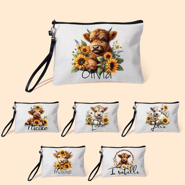 Personifierad Solros Highland Cow Linne Handledsväska Sminkväska med namn Födelsedagspresent för kvinnor Highland Cow Lover