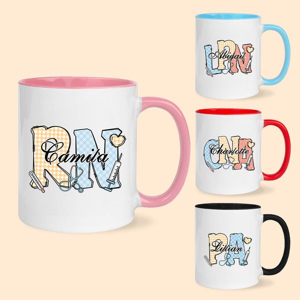 Personalisierte bunte medizinische Elemente 11oz Keramik Becher mit Namen Geburtstag zurück zu Schule Geschenk für Krankenschwester Arzt