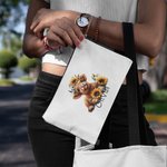 Personalised Sunflower Highland Cow Linen Wristlet Makeup Bag with Name Birthday Gift for Women Highland Cow Lover