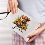 Personalised Sunflower Highland Cow Linen Wristlet Makeup Bag with Name Birthday Gift for Women Highland Cow Lover