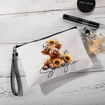 Personalised Sunflower Highland Cow Linen Wristlet Makeup Bag with Name Birthday Gift for Women Highland Cow Lover