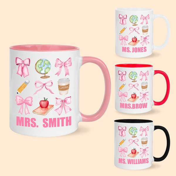 Mug en Céramique 330ml Personnalisé avec Nom Style Nœuds Papillon Roses Cadeau de Remerciement pour Enseignant