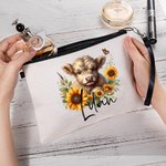 Personalised Sunflower Highland Cow Linen Wristlet Makeup Bag with Name Birthday Gift for Women Highland Cow Lover