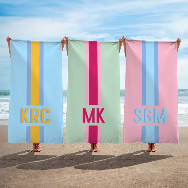 Toalla de playa a rayas y bolsa personalizadas de secado rápido con monograma para vacaciones de verano y viajes regalo de cumpleaños para ella