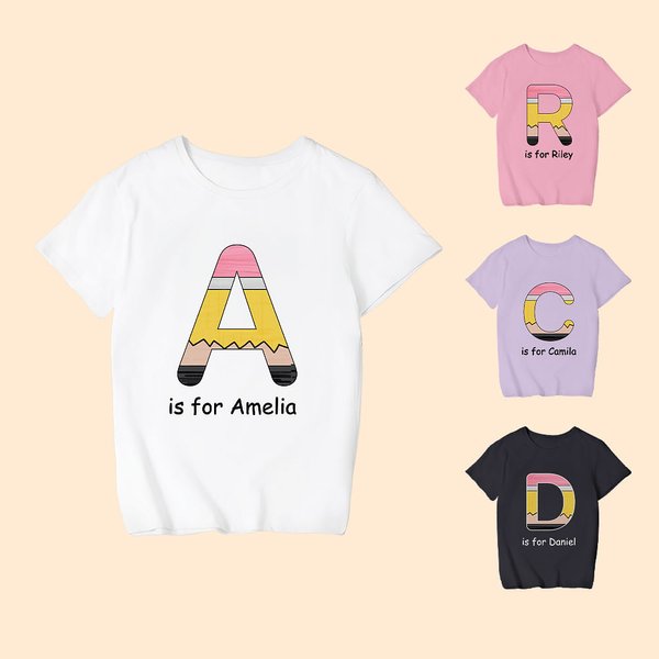 Personalized Cute Pencil Initial 100% Cotton Kid T-shirt with Name Back to School Birthday Gift for Boys Girls