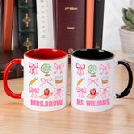Gepersonaliseerde Coquette Strik Potlood Appelbol 11oz Keramische Mok met Naam Terug naar School Waardering Cadeau voor Leraar