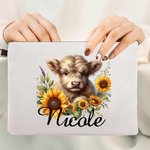 Personalised Sunflower Highland Cow Linen Wristlet Makeup Bag with Name Birthday Gift for Women Highland Cow Lover