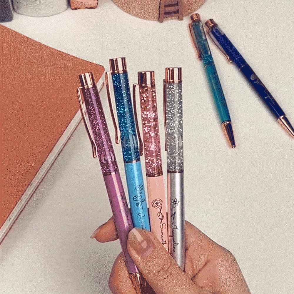 Set di 2 penne a sfera personalizzate con glitter liquido in movimento fiore di nascita e nome regalo ideale per il rientro a scuola per insegnanti