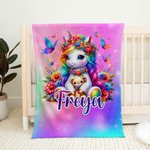 Couverture Arc-en-Ciel Personnalisée avec Bébé Licorne et Nom Style Papillons Fleurs Couverture Chaude et Douce Cadeau d'Anniversaire pour Enfant