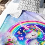 Couverture Arc-en-Ciel Personnalisée avec Bébé Licorne et Nom Style Papillons Fleurs Couverture Chaude et Douce Cadeau d'Anniversaire pour Enfant