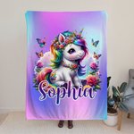 Couverture Arc-en-Ciel Personnalisée avec Bébé Licorne et Nom Style Papillons Fleurs Couverture Chaude et Douce Cadeau d'Anniversaire pour Enfant